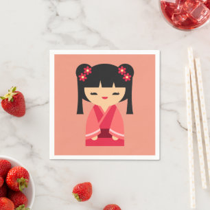 Guardanapo De Papel Bonecas japonesas cor-de-rosa Kokeshi
