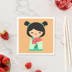 Guardanapo De Papel Bonecas japonesas de pêssego Kokeshi cor-de-rosa