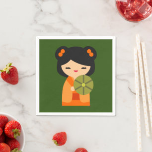 Guardanapo De Papel Bonecas japonesas laranja-brancas Kokeshi