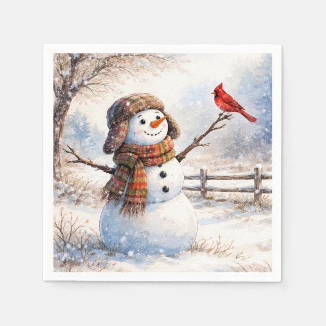 Guardanapo De Papel Boneco de Neve Com Pássaro Cardinal Vermelho (Frente)