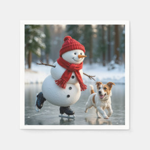 Guardanapo De Papel Boneco de Neve de Natal Patinando com Cachorro