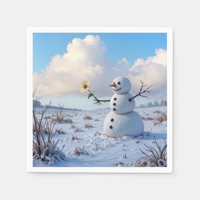 Guardanapo De Papel Boneco de Neve Segurando uma Margarida Branca (Frente)