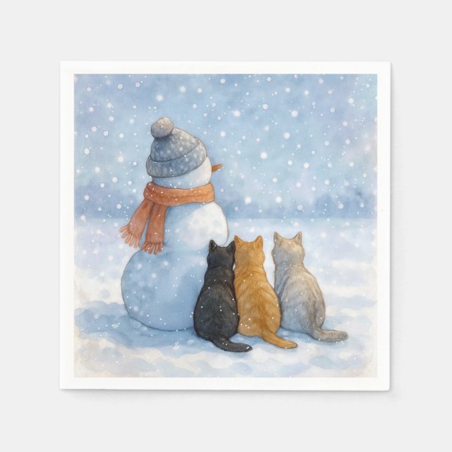 Guardanapo De Papel Bonecos de Neve e Gatos em um Campo Nevado (Frente)
