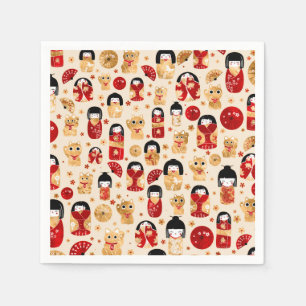 Guardanapo De Papel Bonecos Japoneses - Gatos Kokeshi e Maneki Neko