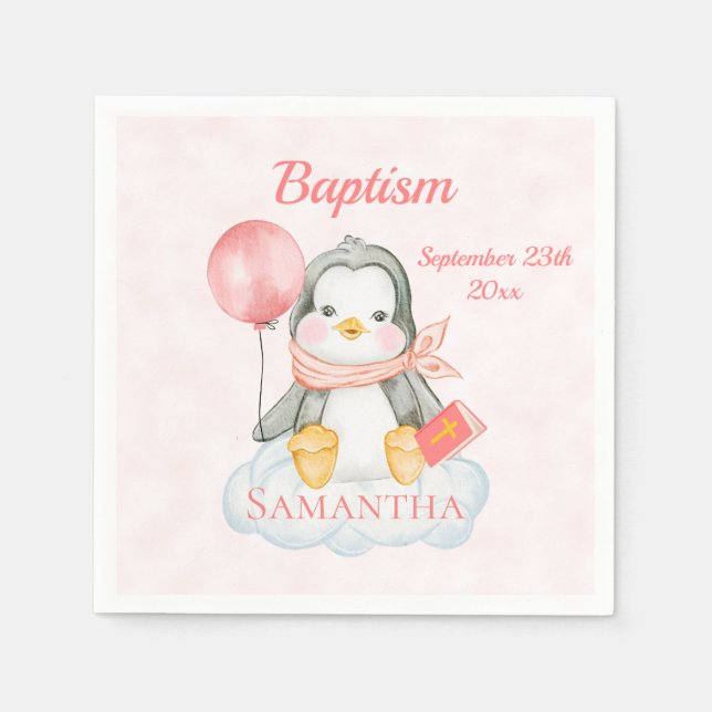 Guardanapo De Papel Bonito Batismo Aquarela Pinguim Pinguim Pink Papel (Frente)