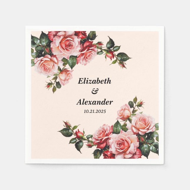 Guardanapo De Papel Bonito casamento rosa e rosa vermelha (Frente)