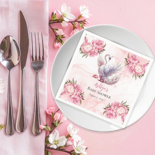 Guardanapo De Papel Bonito Chá de fraldas De Rapariga Floral Rosa-Rosa (Beautiful Swan Pink Floral Peonies Girl Baby Shower Paper Napkins)