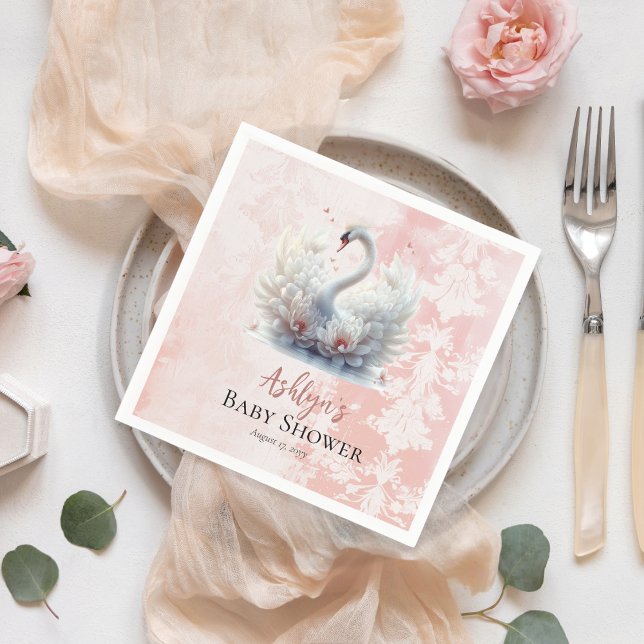 Guardanapo De Papel Bonito Chá de fraldas Swan Floral Damask (Beautiful Swan Pink Floral Damask Girl Baby Shower Paper Napkins)