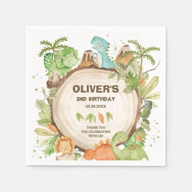 Guardanapo De Papel Bonito Dinossauro Garoto Aniversário Verde Folha T (Frente)