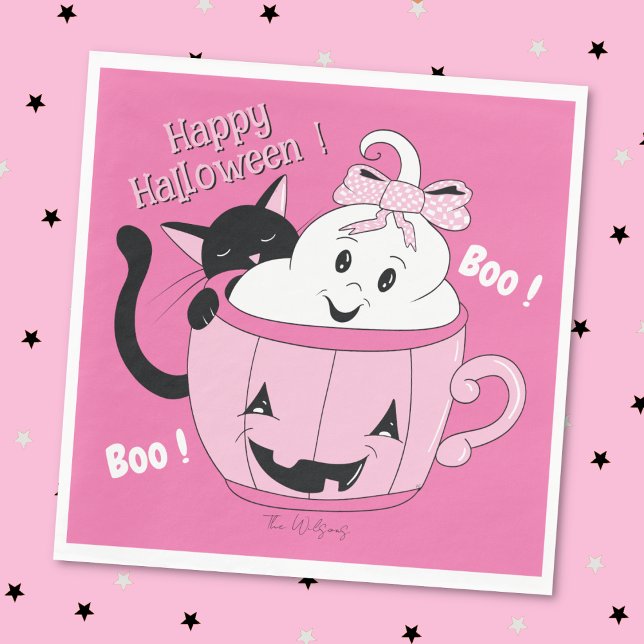 Guardanapo De Papel Bonito Fantasma Fantasma Rosa, Rosa, Papel de Brux (Spooky cute ghost and black cat buddies pink Halloween paper napkin . )