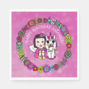 Guardanapo De Papel Bonito Magenta Unicórnio e Fada Personalizada