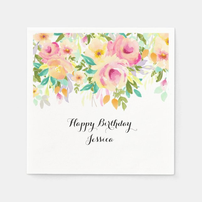 Guardanapo De Papel Bonito Rosa e Amarelo Aquarela Floral (Frente)