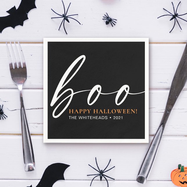 Guardanapo De Papel Boo Cute Happy Halloween Black (Simple boo Halloween party design featuring typography in the colors black, white and orange.)