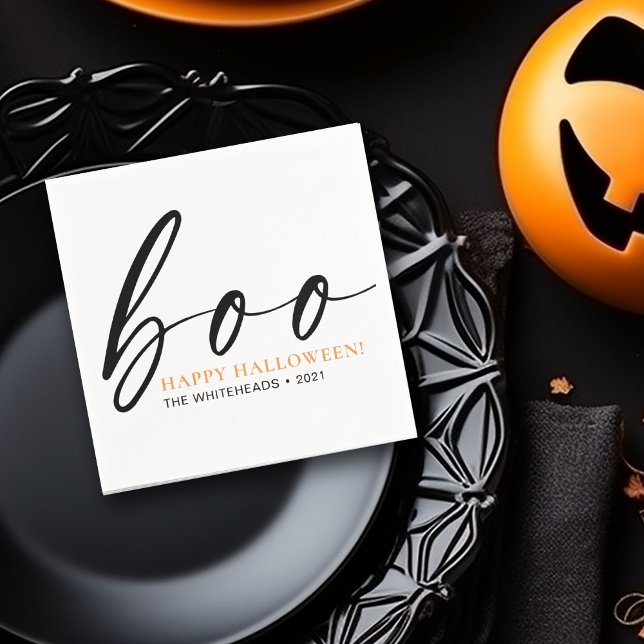 Guardanapo De Papel Boo Cute Happy Halloween White (Boo! Minimalistic typography Halloween design in the colors black, orange and white napkin)