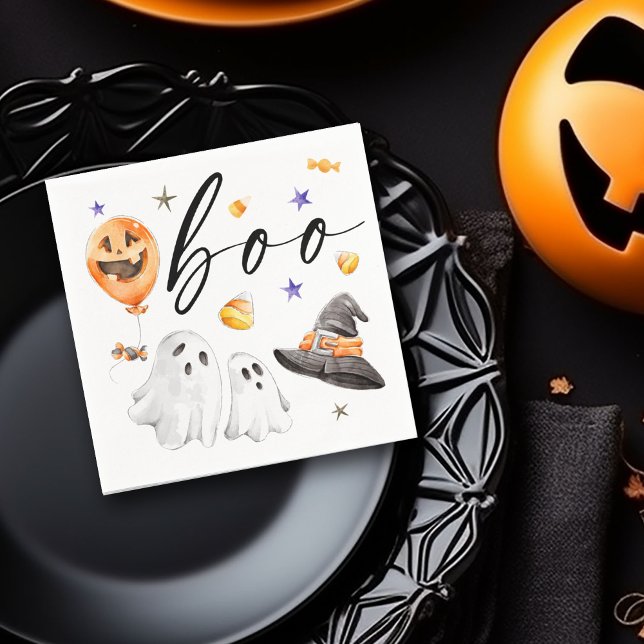 Guardanapo De Papel Boo Halloween Watercolor Party (Boo! Halloween watercolor ghosts, witch hat, pumpkin balloon and candy corn designed napkin,)