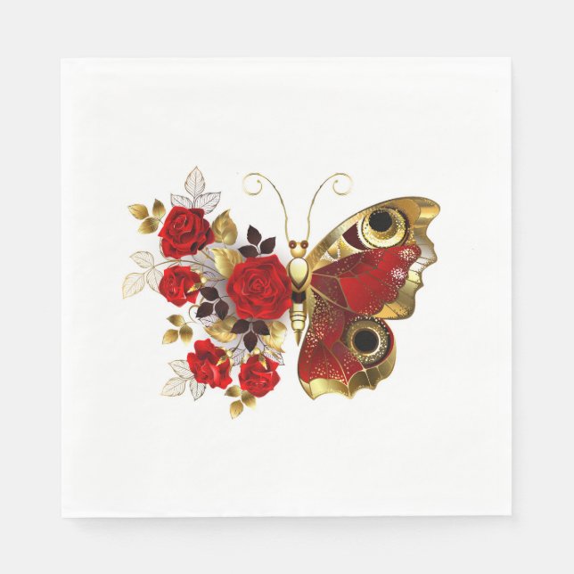 Guardanapo De Papel Borboleta de flor vermelha com rosas vermelhas (Frente)
