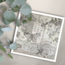Guardanapo De Papel Borboleta de Rótulo Botânico Vintage Preto e Branc