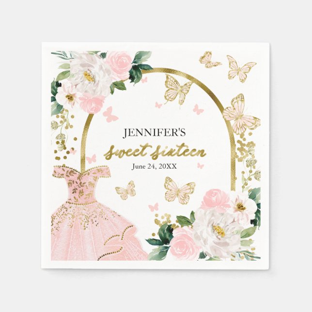 Guardanapo De Papel Borboleta De Vestido Rosa, Floral, Doce 16 (Frente)