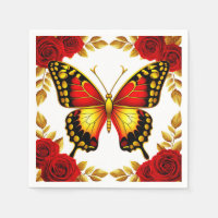 Borboleta Dourada Com Rosas Vermelhas E Folhas Dou