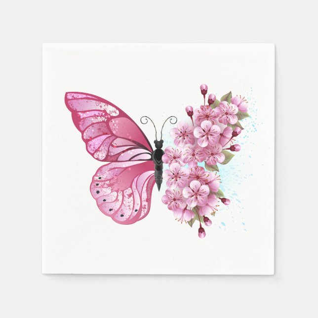 Guardanapo De Papel Borboleta Flor com Sakura Rosa (Frente)