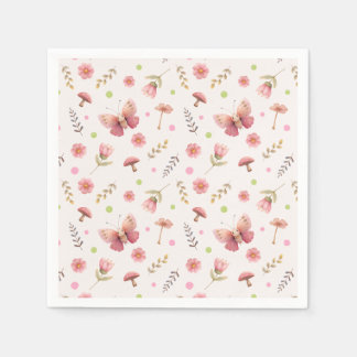 Guardanapo De Papel Borboleta Rosa Pastel & Flores Botânicas em Flor