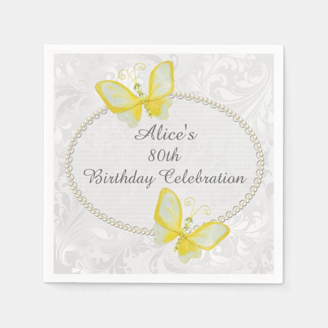 Guardanapo De Papel Borboletas Chic Damask 80 Birthday Personalizado (Frente)