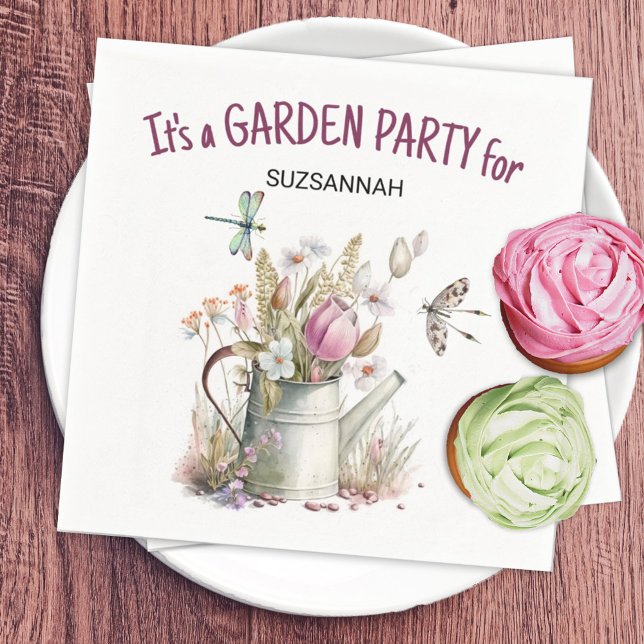 Guardanapo De Papel Borboletas de jardim florais Dragonflies Watercolo (Personalize or remove the text on this fun summer vibe watering can and dragonfly napkin design.)