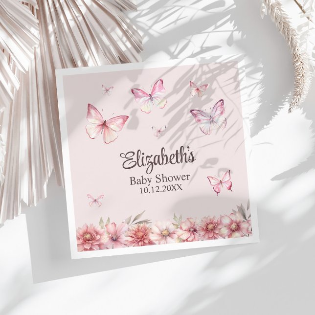 Guardanapo De Papel Borboletas rosa e Chá de fraldas de flores (Pink Butterflies and Flowers Baby Shower Napkins on a white sunny table.)