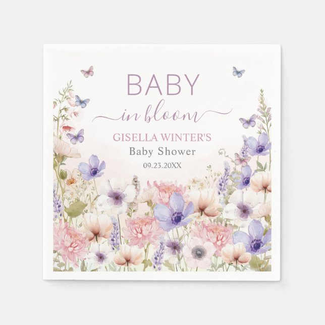 Guardanapo De Papel Borboletas rosa púrpura de flor silvestre bebê em  (Frente)