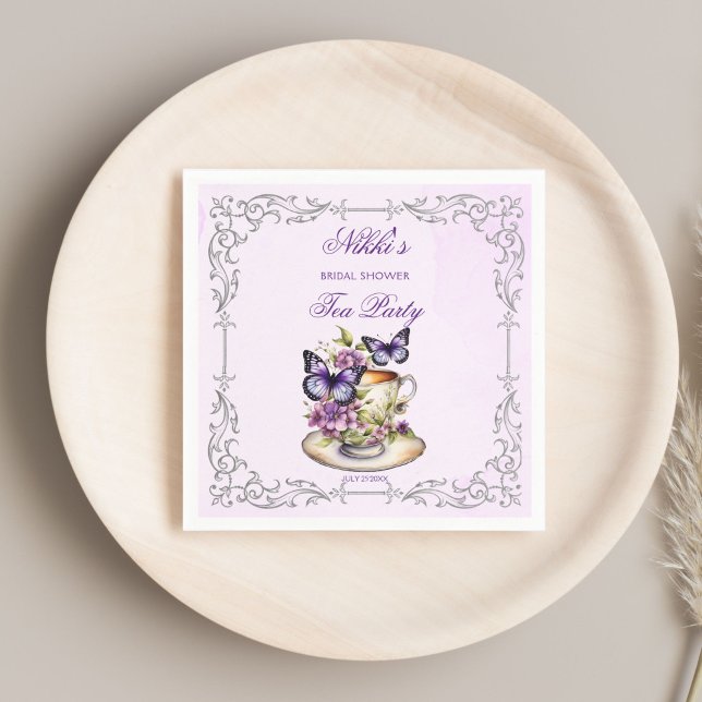 Guardanapo De Papel Borboletas roxas chá de noiva vitoriano (Purple butterflies Victorian bridal shower tea party printed Napkins personalized tableware decor)