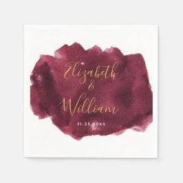 Guardanapo De Papel Borgonha Elegante e Casamento Dourado de Aquarela