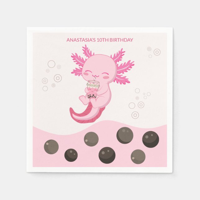 Guardanapo De Papel Borracha Axolotl rosa Leite Boba Tea Aniversário (Frente)