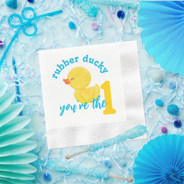 Guardanapo De Papel Borracha Ducky Você é o Primeiro Aniversário (Rubber Ducky You're the One 1st Birthday Party Napkins - Boy  in Blue, Yellow and White)