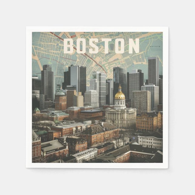 Guardanapo De Papel Boston, Massachusetts City Skyline com Mapa (Frente)