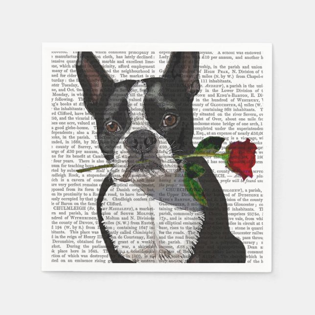 Guardanapo De Papel Boston Terrier com Rosa em Boca (Frente)