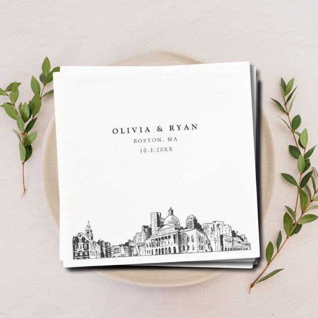 Guardanapo De Papel Boston Wedktail Napkin (Boston wedding napkins with black and white skyline sketch personalized with your names and date )
