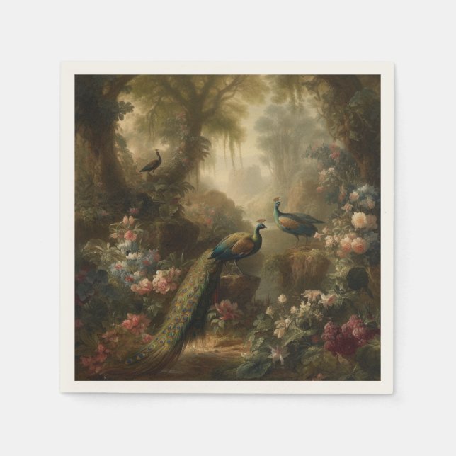 Guardanapo De Papel Botânica: três pavões no jardim inglês (Frente)