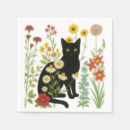 Guardanapo De Papel Botanical Nature – Black Cat in Wildflower Garden
