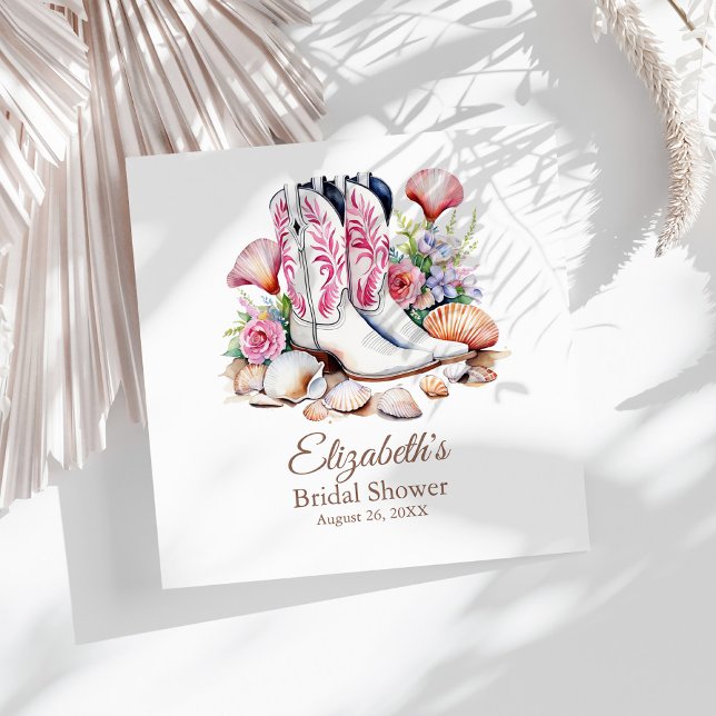 Guardanapo De Papel Botas Boho Rosa Cowgirl Costeira Chá de Noiva (Boho Pink Coastal Cowgirl Boots Bridal Shower Napkins on a sunny white table.)