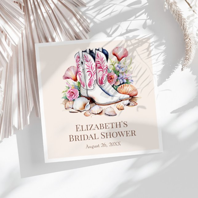 Guardanapo De Papel Botas Boho Rosa para Cowgirl Chás de Panela (Boho Pink Coastal Cowgirl Boots Bridal Shower Napkins on a sunny white table.)