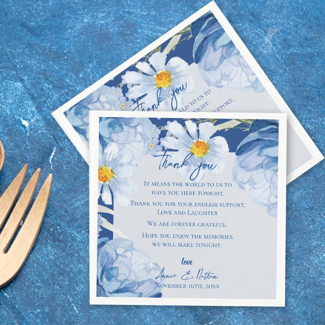 Guardanapo De Papel Bote Blue Floral Trendy Weding Obrigado Mensagem (Cute Blue Floral Trendy Wedding Thank you Message Napkins)