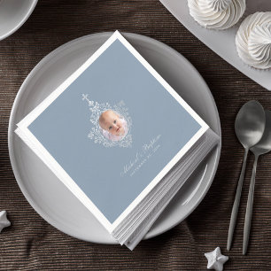 Guardanapo De Papel Boy Baptism Dusty Blue Elegante Foto de Prata Faux