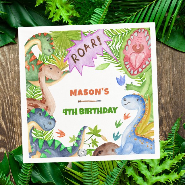 Guardanapo De Papel Boy Dinosaur 4th Birthday Invitation (Criador carregado)