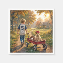 Guardanapo De Papel Boy with Red Wagon and Golden Retriever Puppy