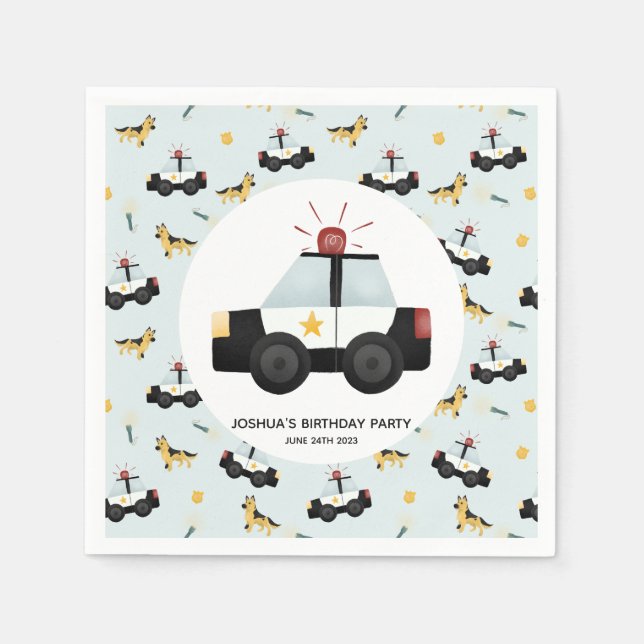 Guardanapo De Papel Boys Blue Police Car Toddler Feliz Aniversário (Frente)