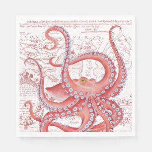 Guardanapo De Papel Branco do Mapa de Vintagem do Octopus Vermelho