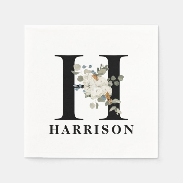 Guardanapo De Papel Branco Floral Negro Monograma H (Frente)