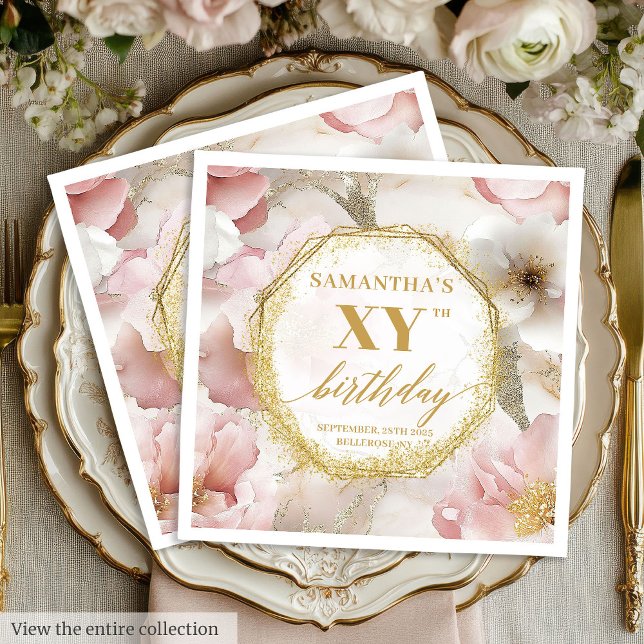 Guardanapo De Papel Brancos Rosa Personalizados, Dourados Napkins (Personalized Pink Floral Birthday Napkins Gold)