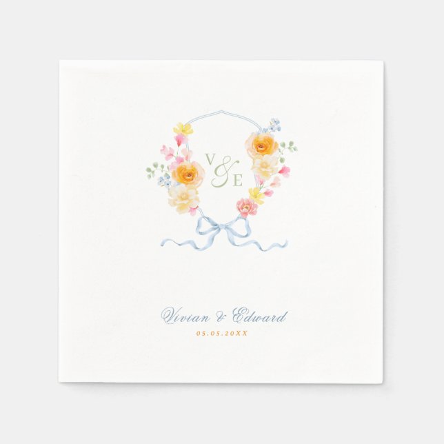 Guardanapo De Papel Bright Floral Crest Monogram Spring Wedding (Frente)
