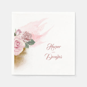 Guardanapo De Papel Brilho Dourado e casamento floral do rosa